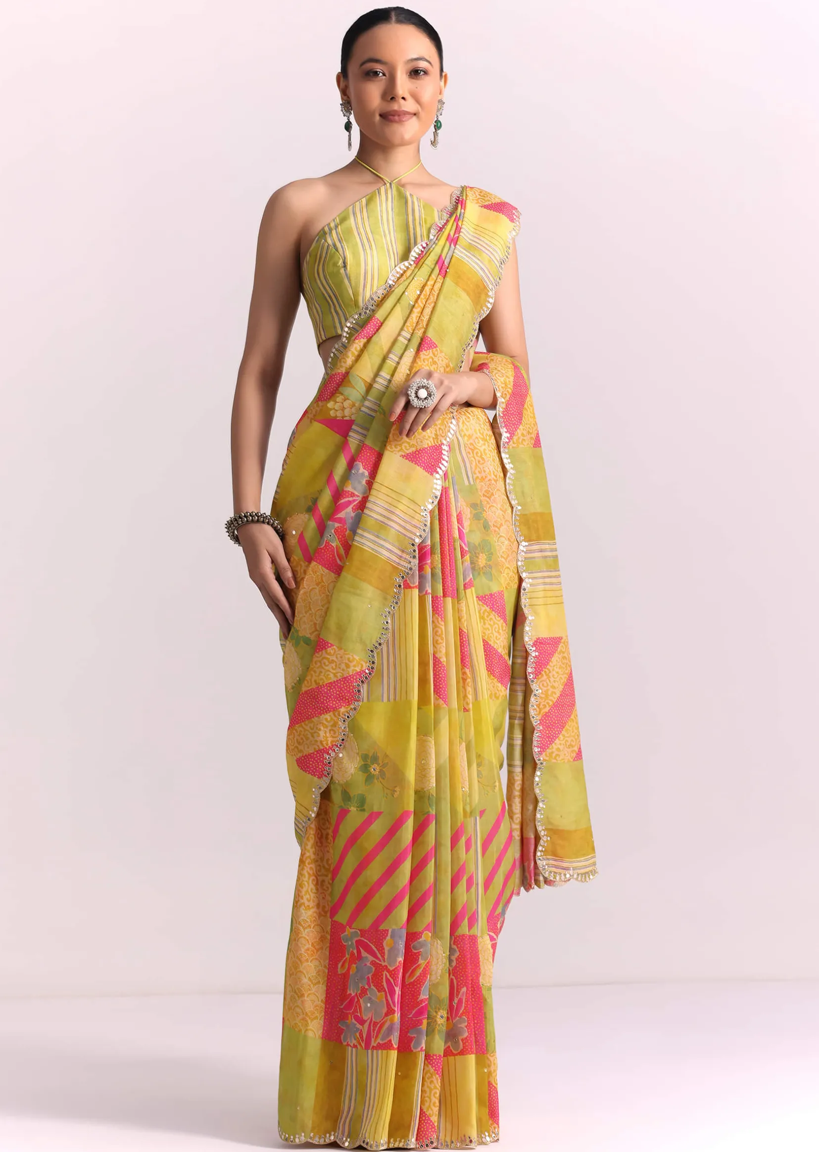 Green Muslin Printed Saree with Mirror Work