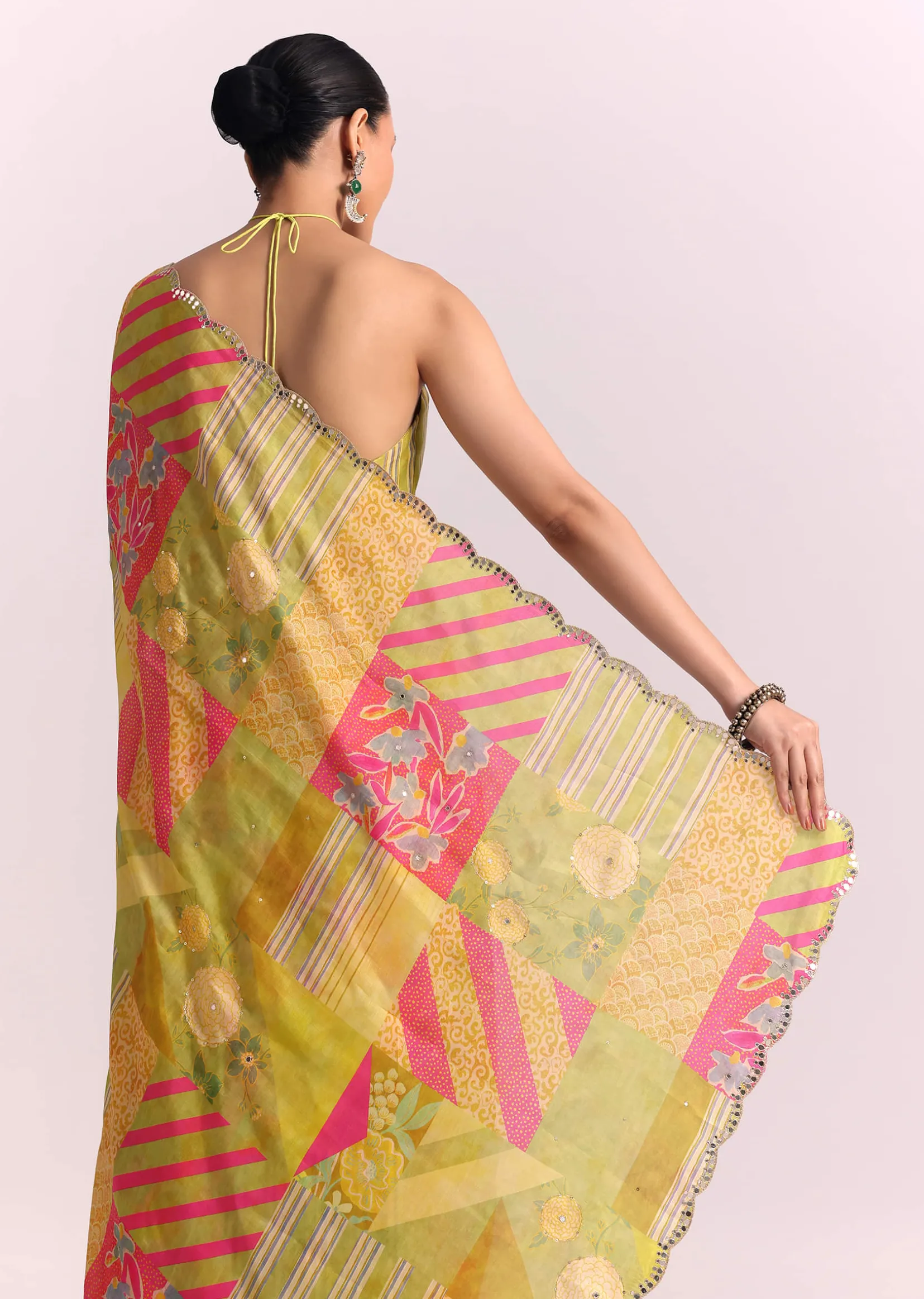 Green Muslin Printed Saree with Mirror Work