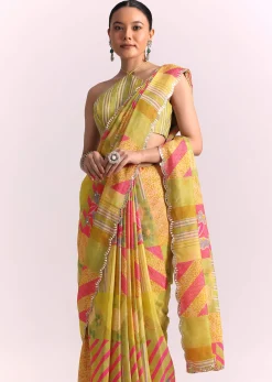 Green Muslin Printed Saree with Mirror Work
