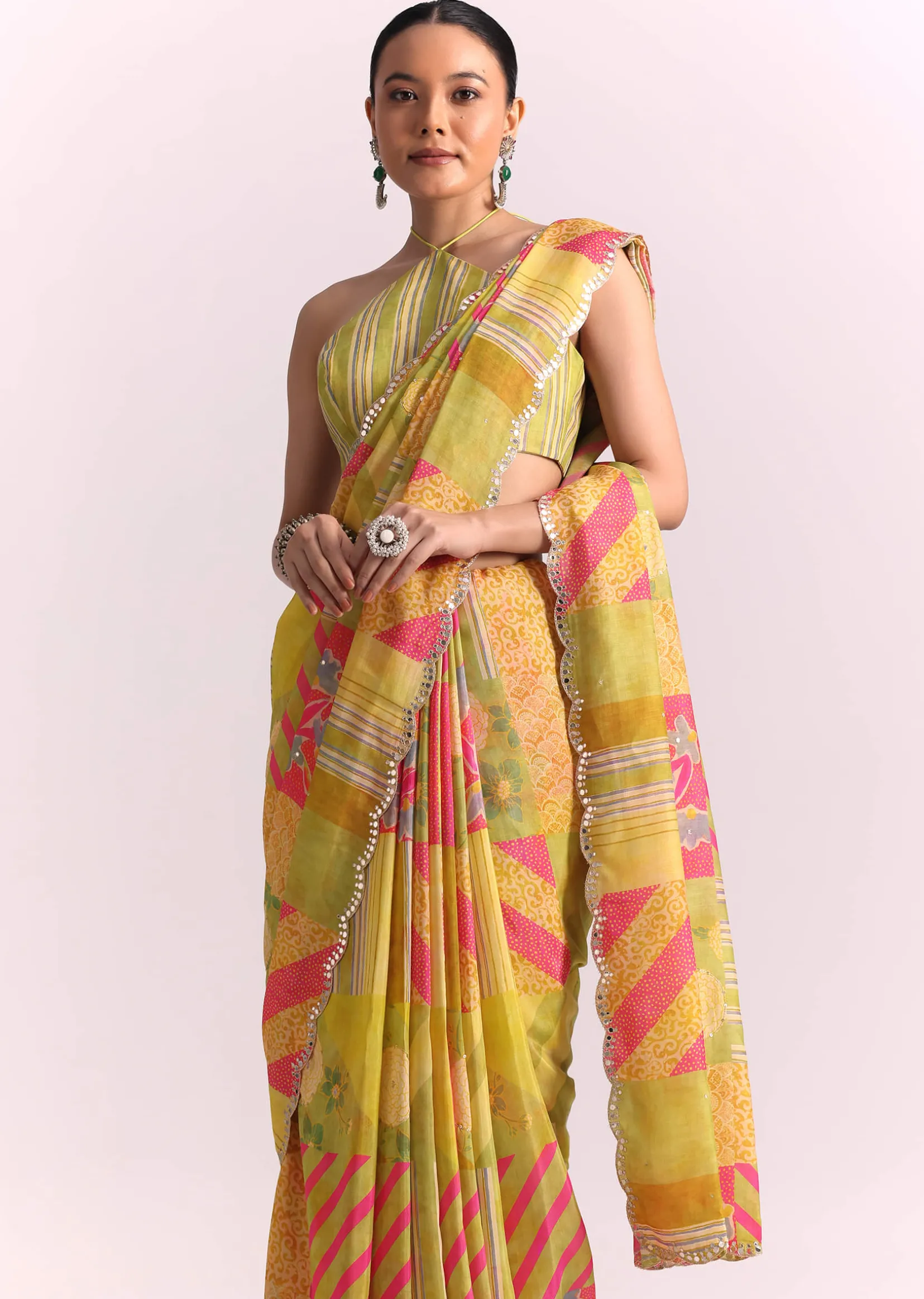 Green Muslin Printed Saree with Mirror Work