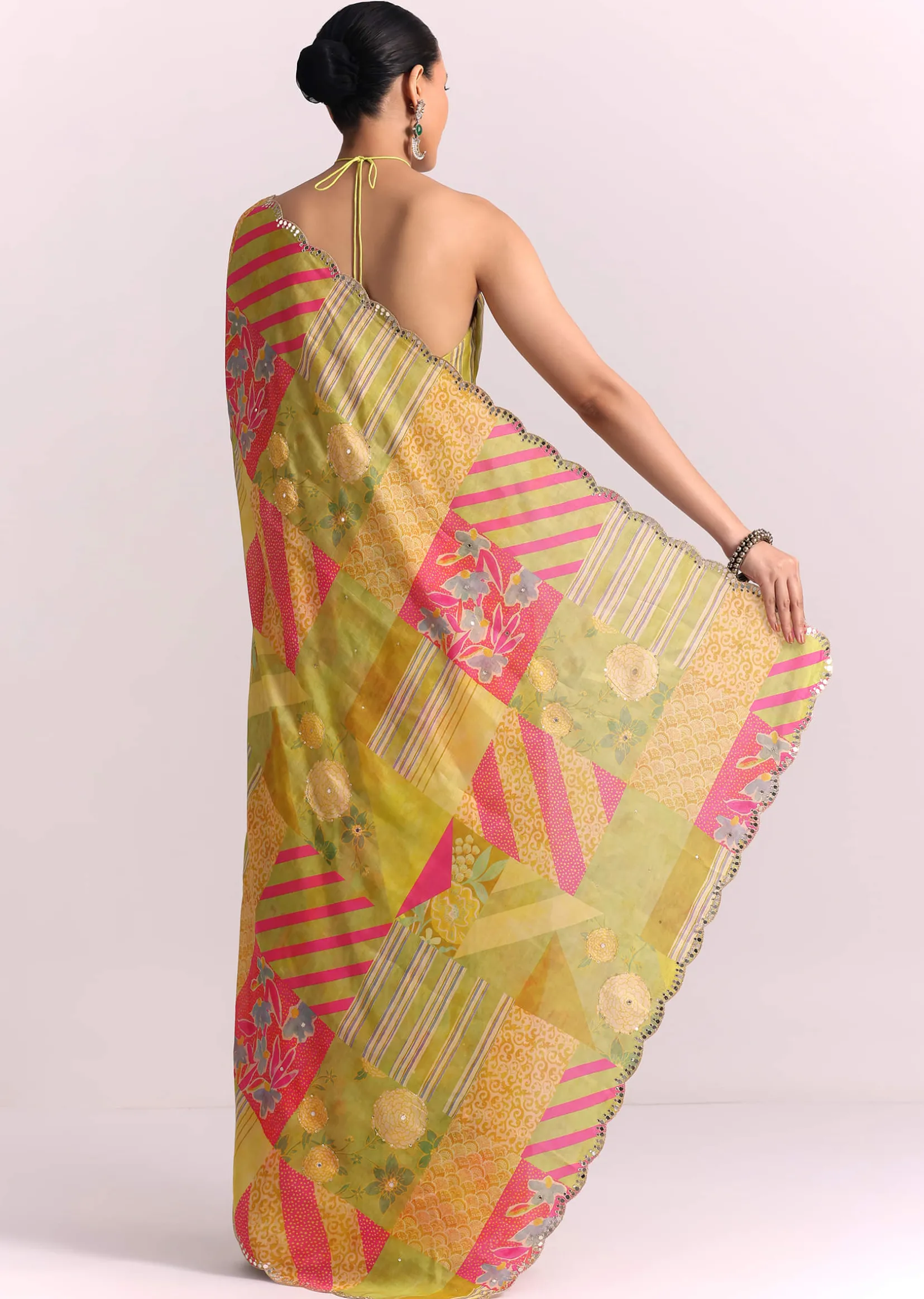 Green Muslin Printed Saree with Mirror Work