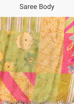 Green Muslin Printed Saree with Mirror Work