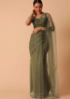 Green Net Saree With Sequin Work And Unstitched Blouse Piece