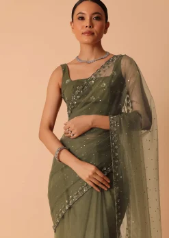 Green Net Saree With Sequin Work And Unstitched Blouse Piece