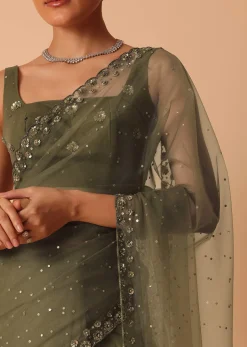 Green Net Saree With Sequin Work And Unstitched Blouse Piece