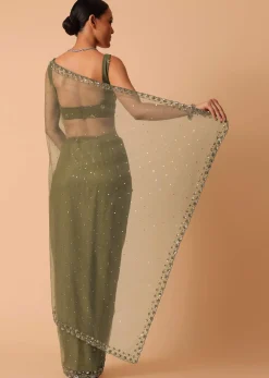 Green Net Saree With Sequin Work And Unstitched Blouse Piece