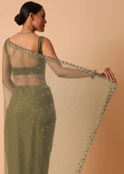 Green Net Saree With Sequin Work And Unstitched Blouse Piece
