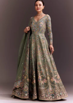 Green Ombre Embroidered Anarkali With Organza Dupatta