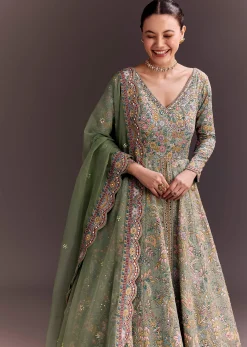 Green Ombre Embroidered Anarkali With Organza Dupatta