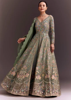 Green Ombre Embroidered Anarkali With Organza Dupatta