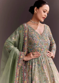 Green Ombre Embroidered Anarkali With Organza Dupatta