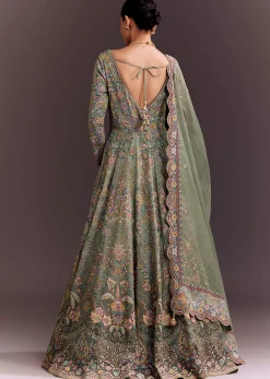 Green Ombre Embroidered Anarkali With Organza Dupatta