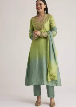 Green Ombre Embroidered Suit With Dupatta