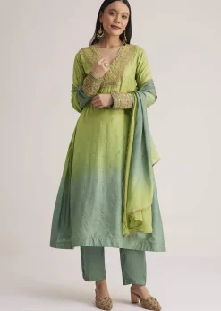 Green Ombre Embroidered Suit With Dupatta