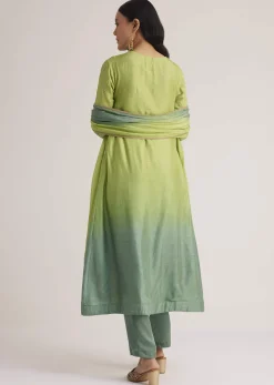 Green Ombre Embroidered Suit With Dupatta