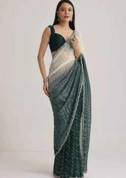 Green Ombre Saree With Sequins And Scallop Embroidery