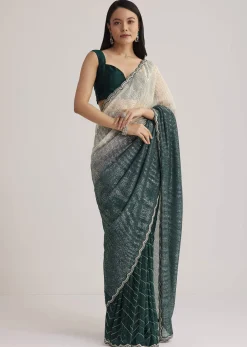 Green Ombre Saree With Sequins And Scallop Embroidery