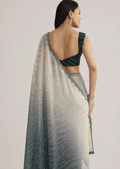 Green Ombre Saree With Sequins And Scallop Embroidery