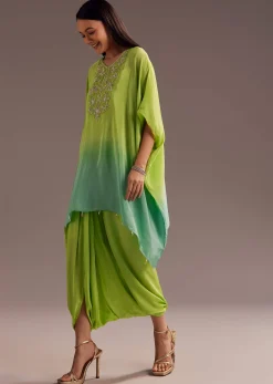 Green Ombre Zardosi Crepe Kaftan Kurta Dhoti Set