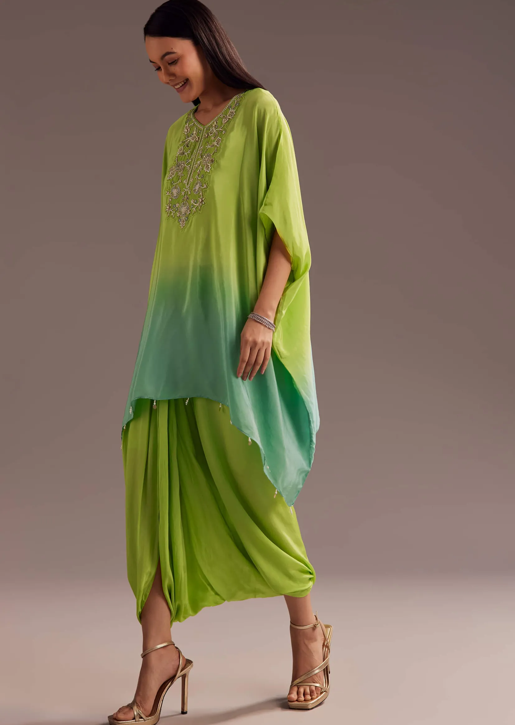 Green Ombre Zardosi Crepe Kaftan Kurta Dhoti Set