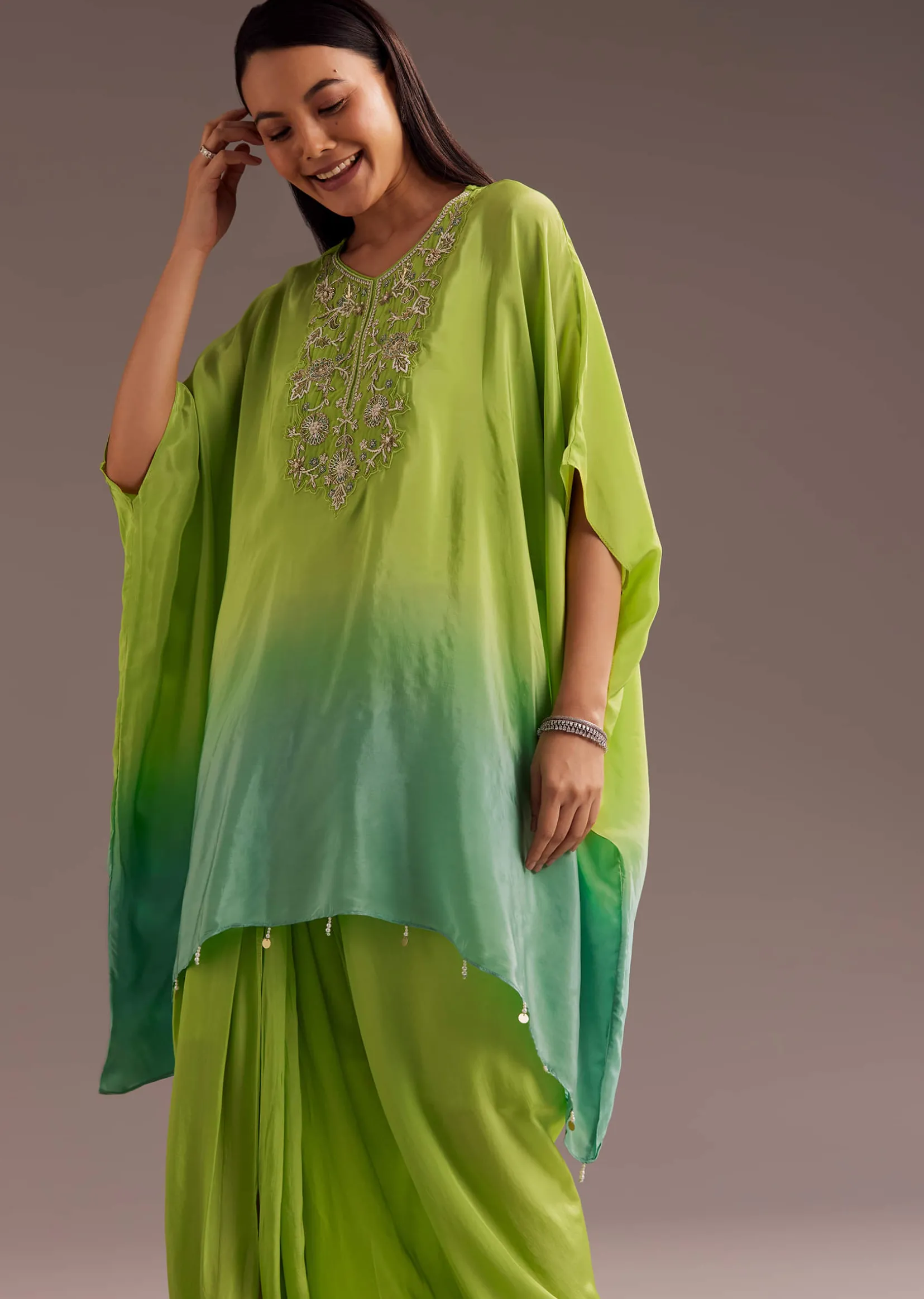 Green Ombre Zardosi Crepe Kaftan Kurta Dhoti Set