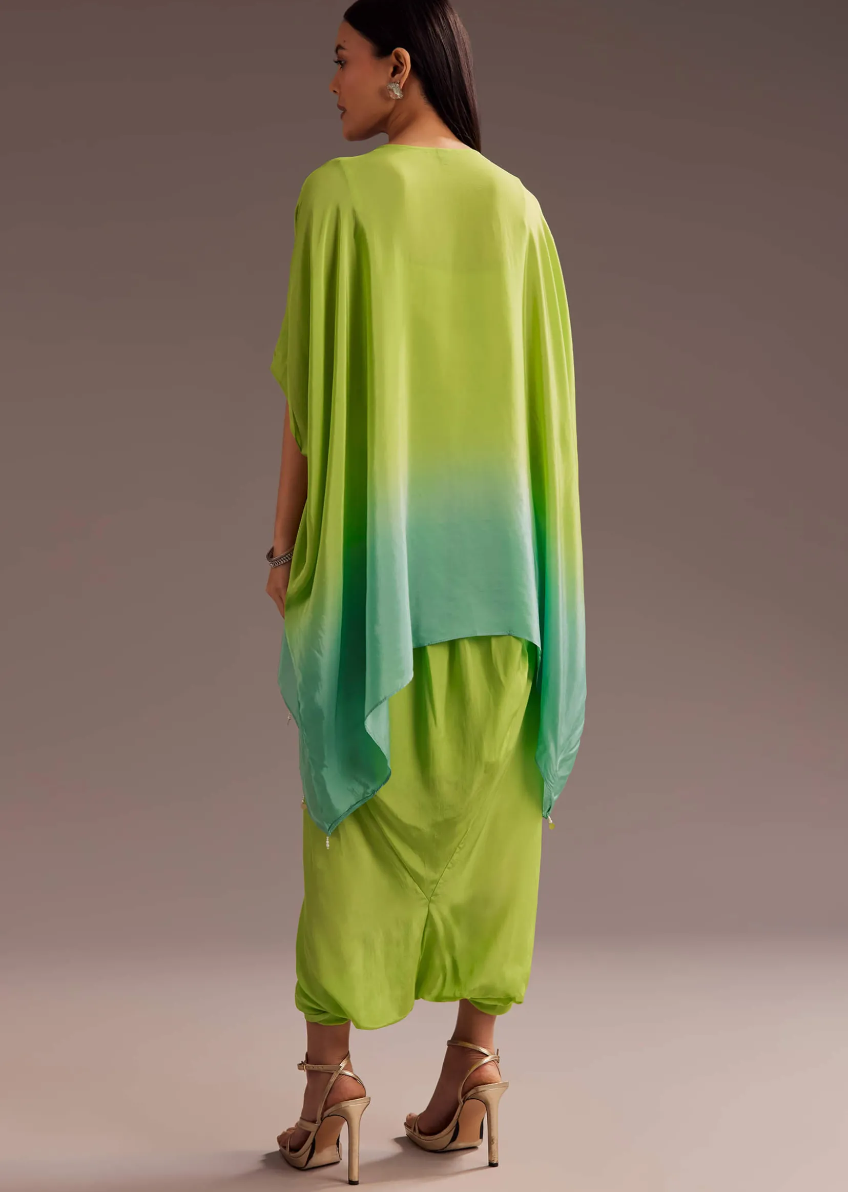 Green Ombre Zardosi Crepe Kaftan Kurta Dhoti Set