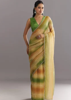 Green Orange Shaded Soft Organza Saree With Cutdana Embroidery And Stone Embellishment