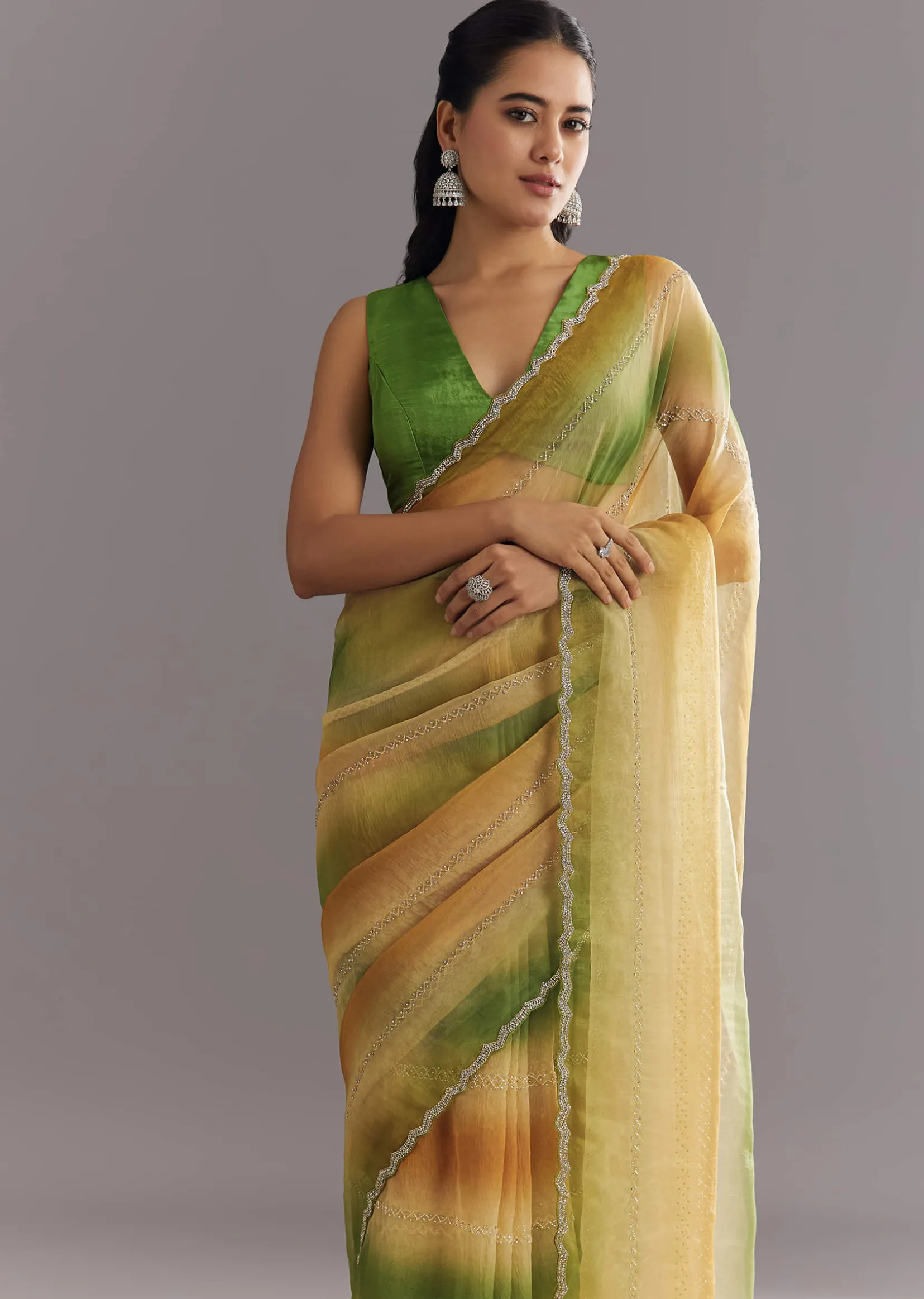 Green Orange Shaded Soft Organza Saree With Cutdana Embroidery And Stone Embellishment