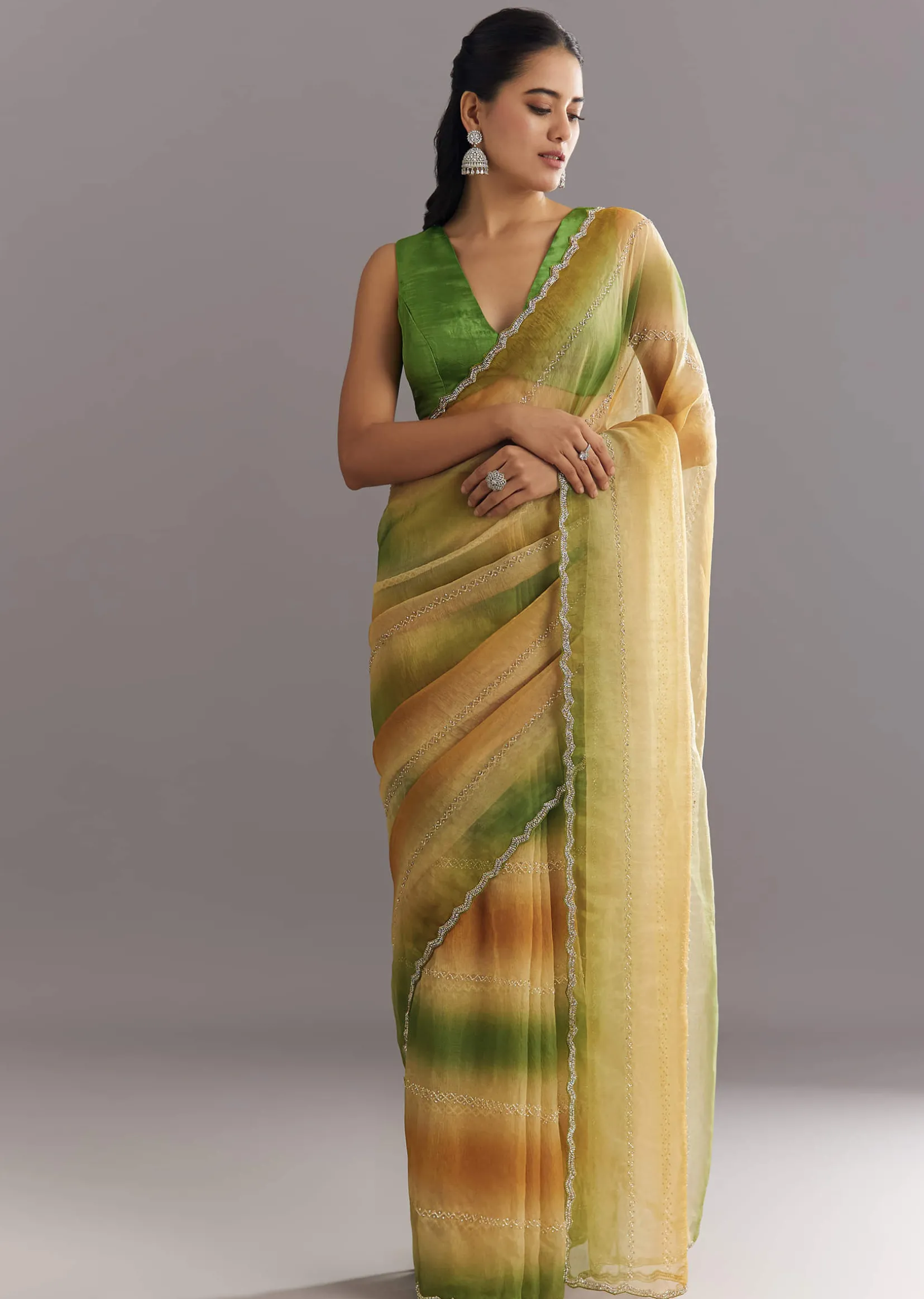 Green Orange Shaded Soft Organza Saree With Cutdana Embroidery And Stone Embellishment