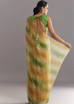 Green Orange Shaded Soft Organza Saree With Cutdana Embroidery And Stone Embellishment