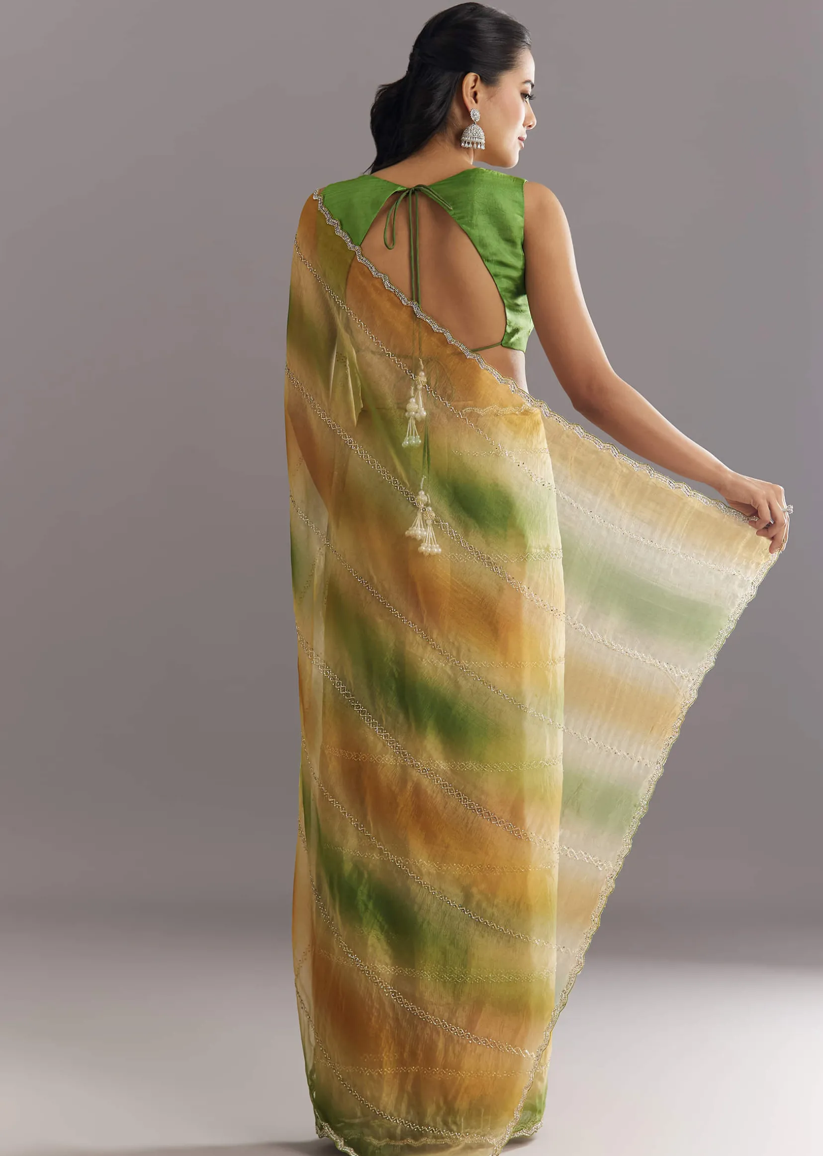 Green Orange Shaded Soft Organza Saree With Cutdana Embroidery And Stone Embellishment