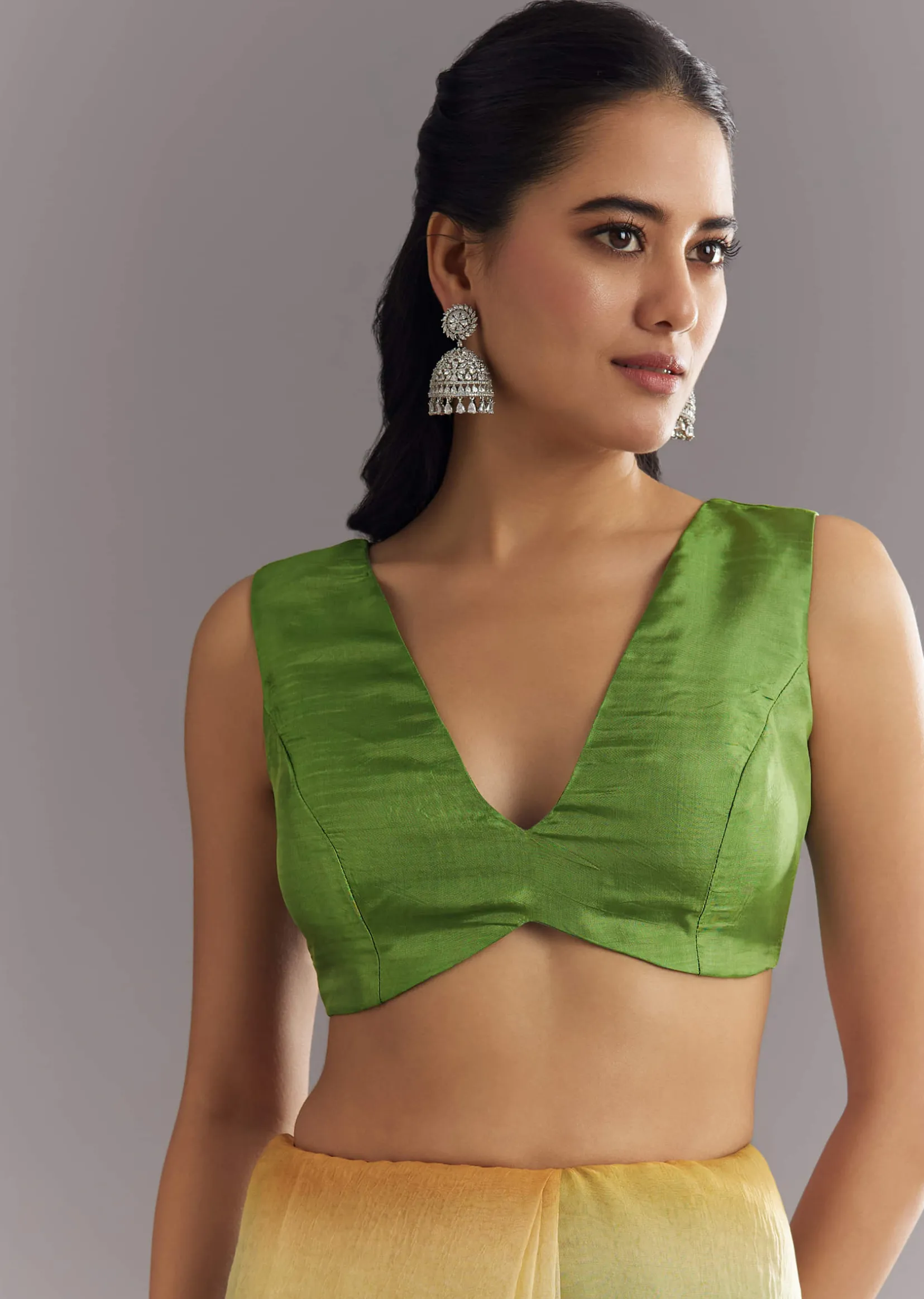 Green Orange Shaded Soft Organza Saree With Cutdana Embroidery And Stone Embellishment
