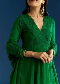 Green Organza Angrakha Style Anarkali Suit With Resham Work