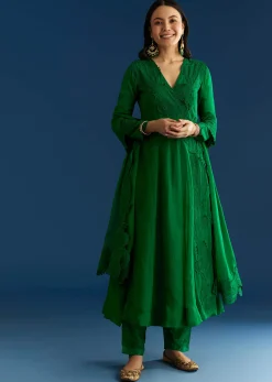 Green Organza Angrakha Style Anarkali Suit With Resham Work
