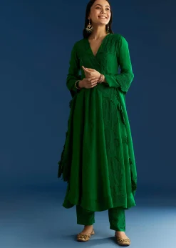 Green Organza Angrakha Style Anarkali Suit With Resham Work