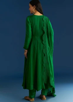Green Organza Angrakha Style Anarkali Suit With Resham Work