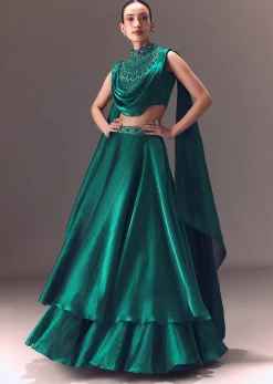 Green Organza Cowl Blouse And Lehenga Set