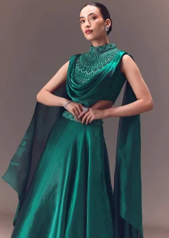 Green Organza Cowl Blouse And Lehenga Set