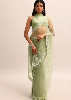 Green Organza Cutdana Saree With Unstitched Blouse