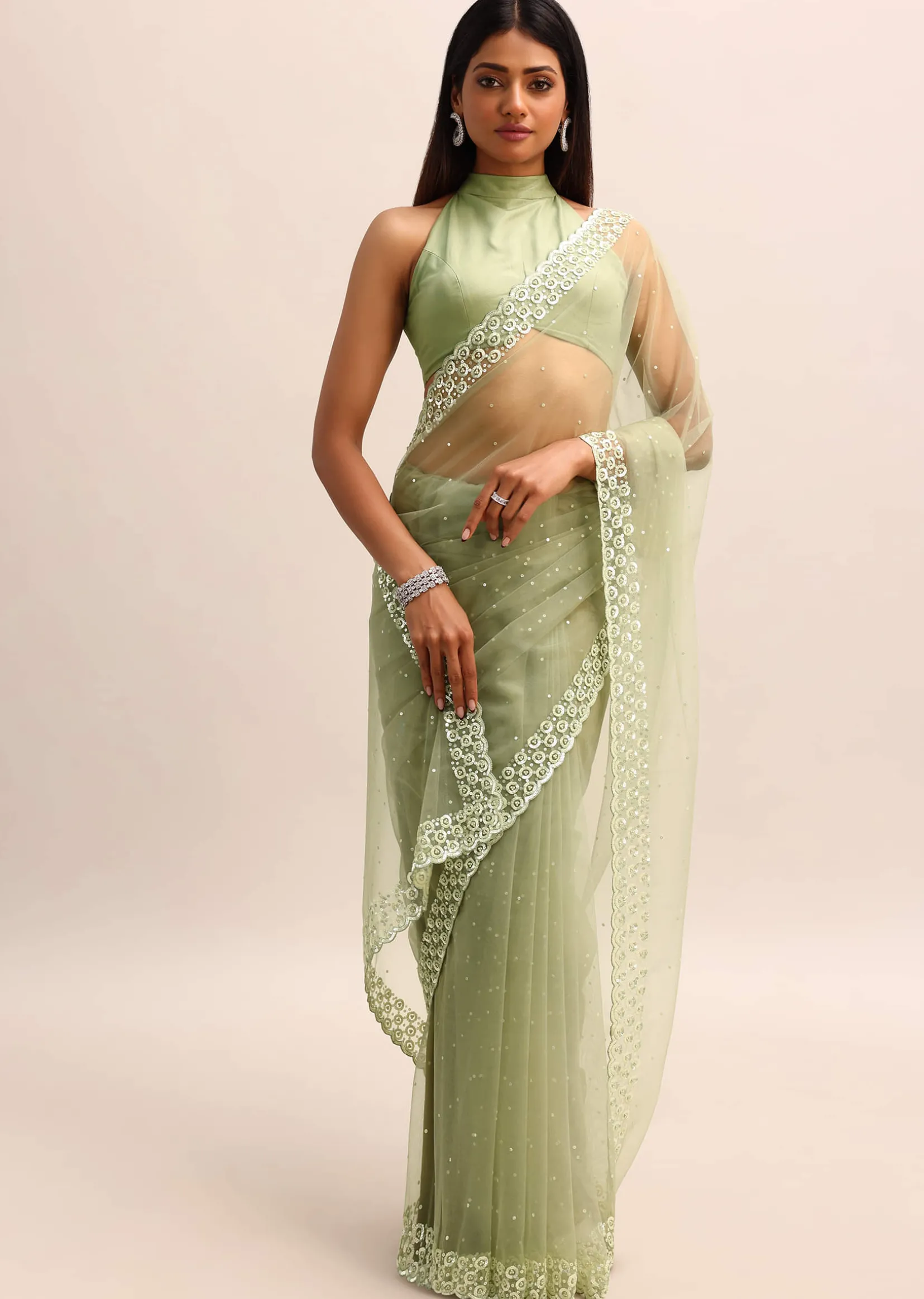 Green Organza Cutdana Saree With Unstitched Blouse