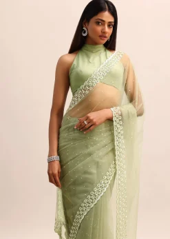 Green Organza Cutdana Saree With Unstitched Blouse