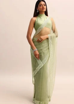 Green Organza Cutdana Saree With Unstitched Blouse