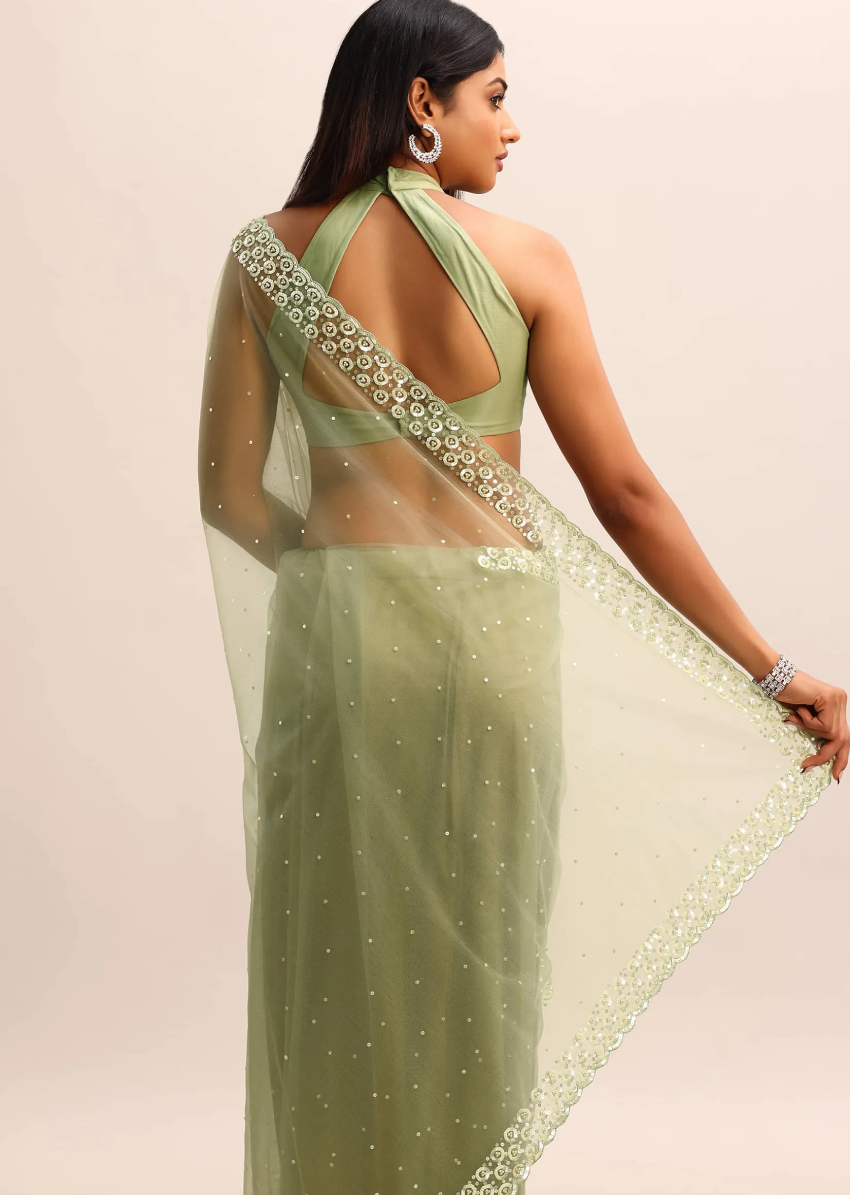 Green Organza Cutdana Saree With Unstitched Blouse
