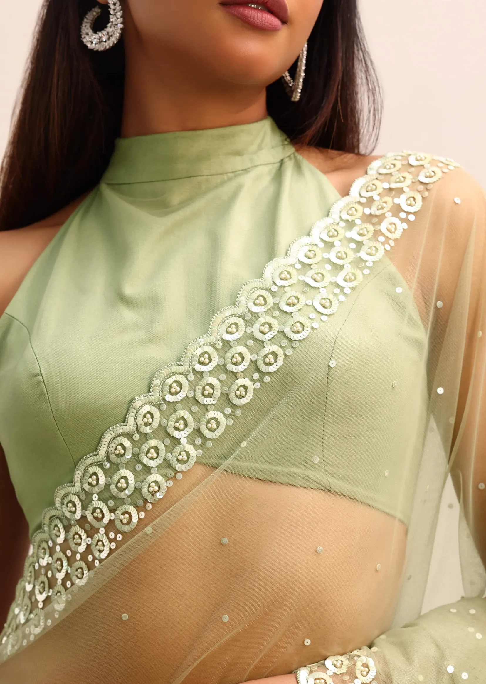Green Organza Cutdana Saree With Unstitched Blouse