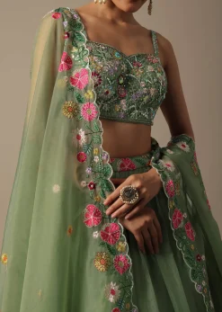 Green Organza Embroidered Lehenga Set With Floral Motifs