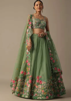 Green Organza Embroidered Lehenga Set With Floral Motifs
