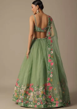 Green Organza Embroidered Lehenga Set With Floral Motifs