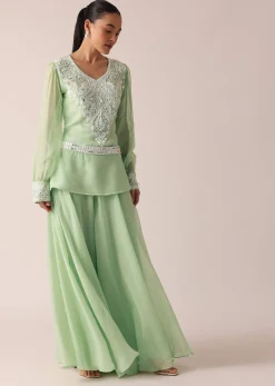 Green Organza Kurta And Palazzo Set With Embroidery And Belt