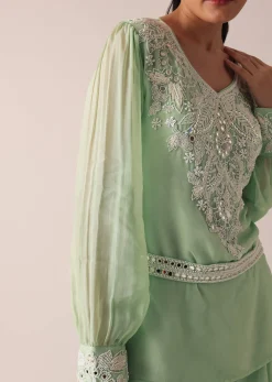 Green Organza Kurta And Palazzo Set With Embroidery And Belt