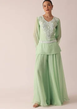 Green Organza Kurta And Palazzo Set With Embroidery And Belt